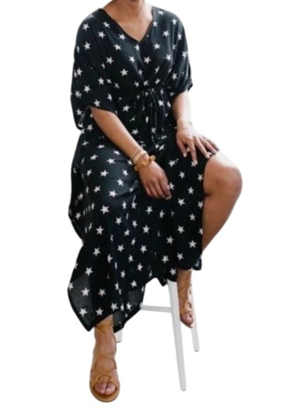 Agnes and Dora Long‎ Woven Kaftan Small Black White Stars New